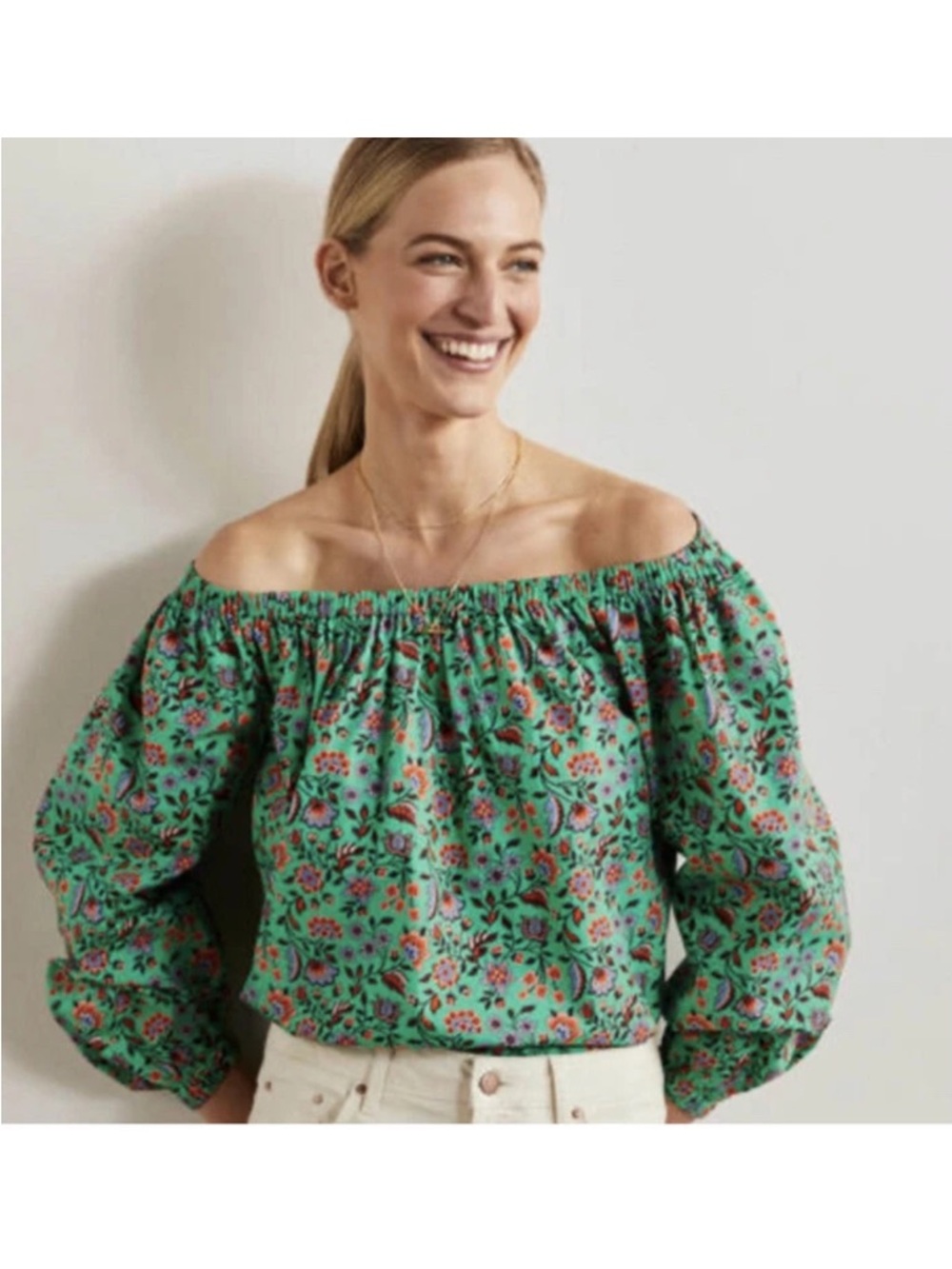Boden Melanie Off the Shoulder Top Size 6 Green Floral Boho Cottagecore